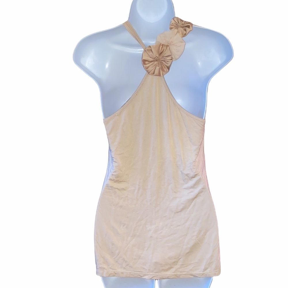 Champagne Rosette Halter Top Beige Satin Floral Embellished Tank S 11767 - Picture 4 of 8